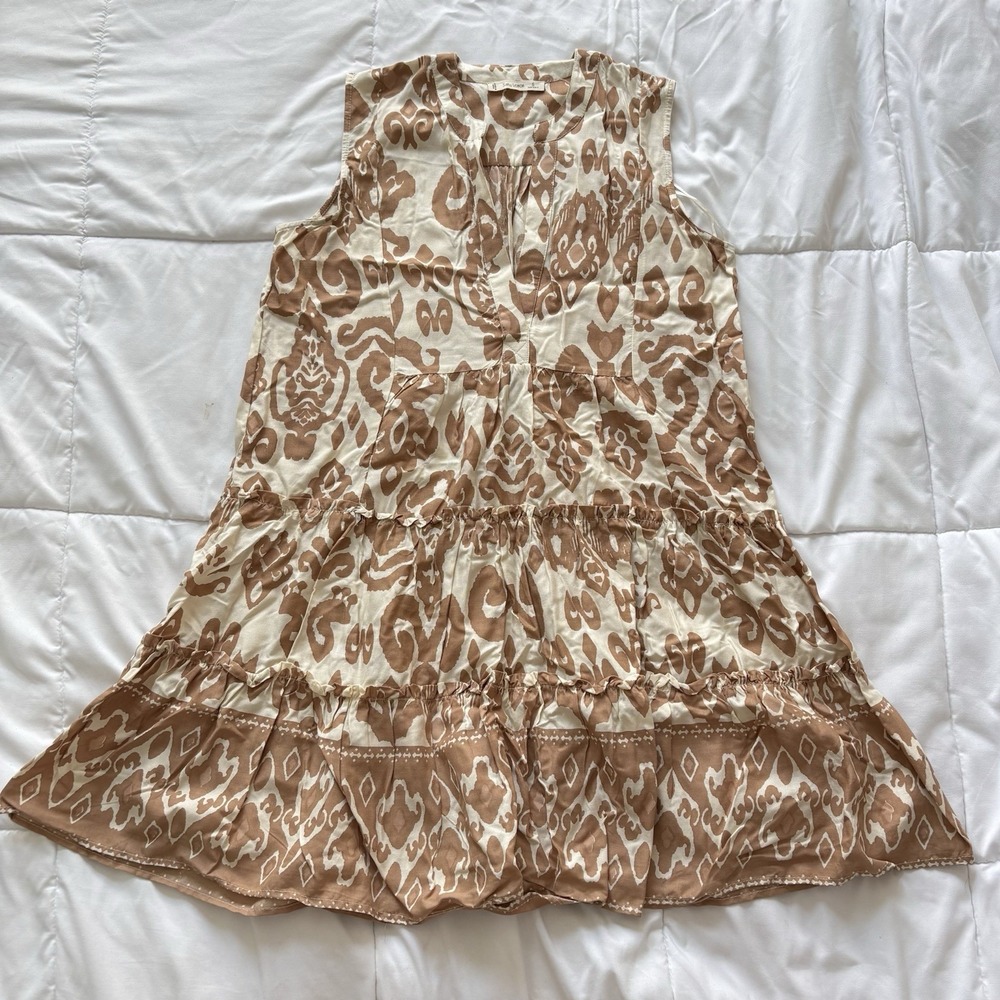 Womens Small Tiered Midi Dress Brown Summer Beachy Coastal Nautical Cottagecore